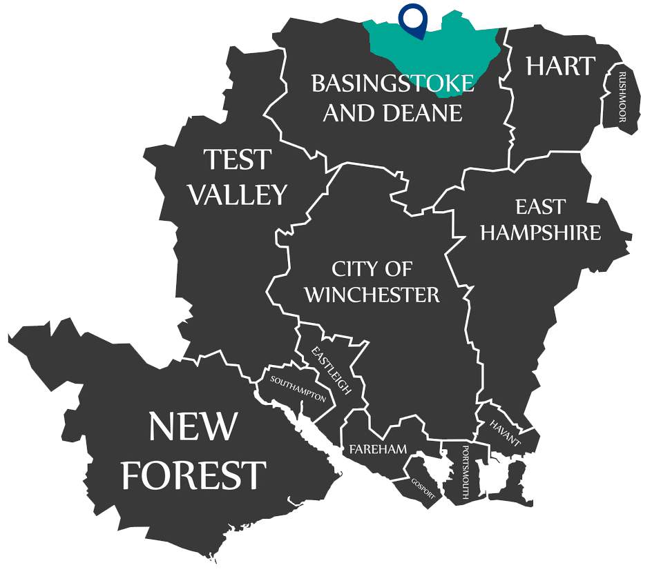 An image of Hampshire with Silchester District Scouts area highlighted in teal and Tadley located by a navy blue pin